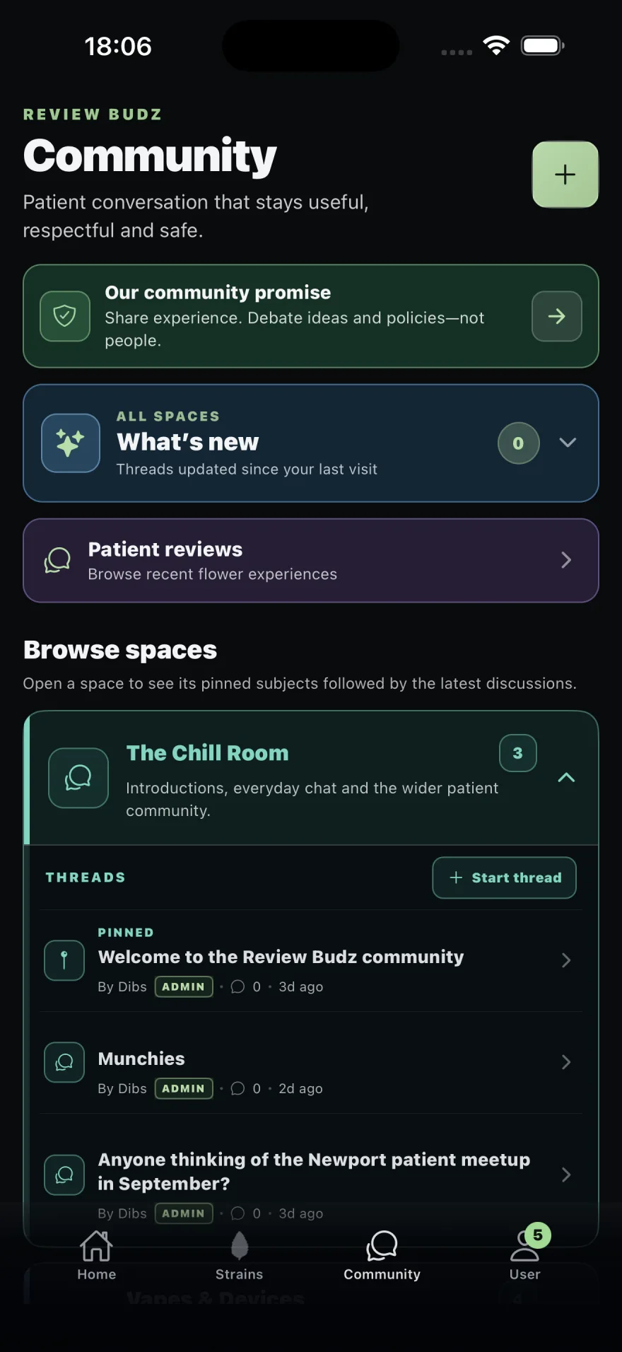 Review Budz Community screen with spaces and discussions