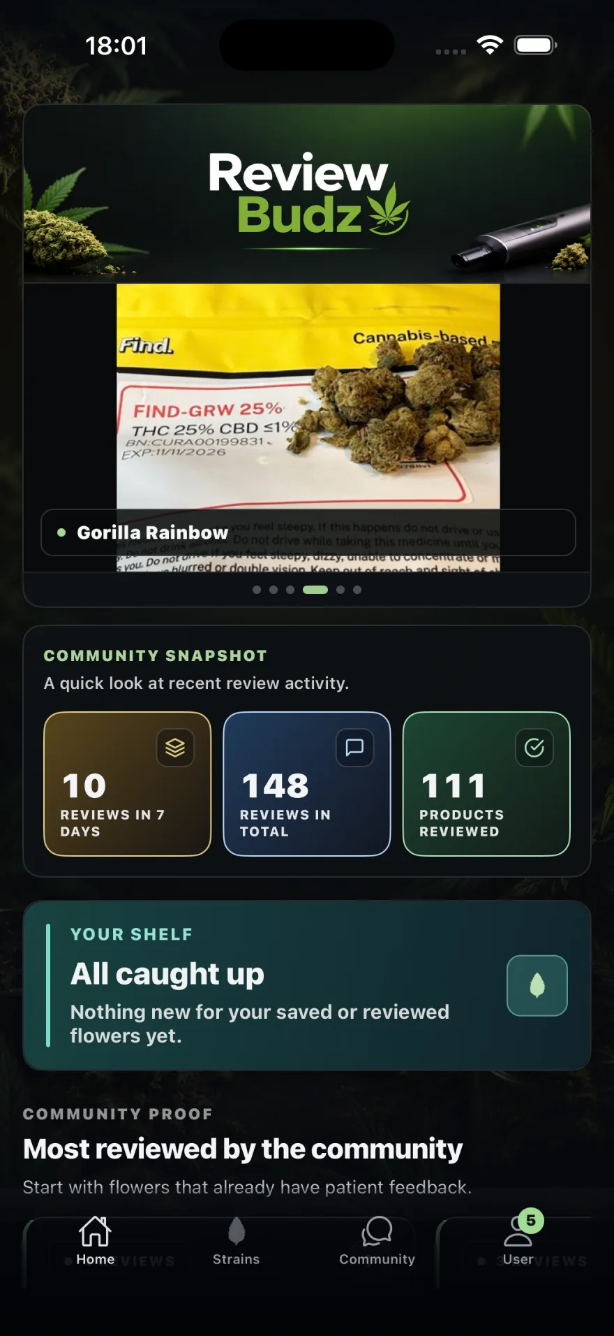 Review Budz on an iPhone showing patient reviews, community activity and product discovery