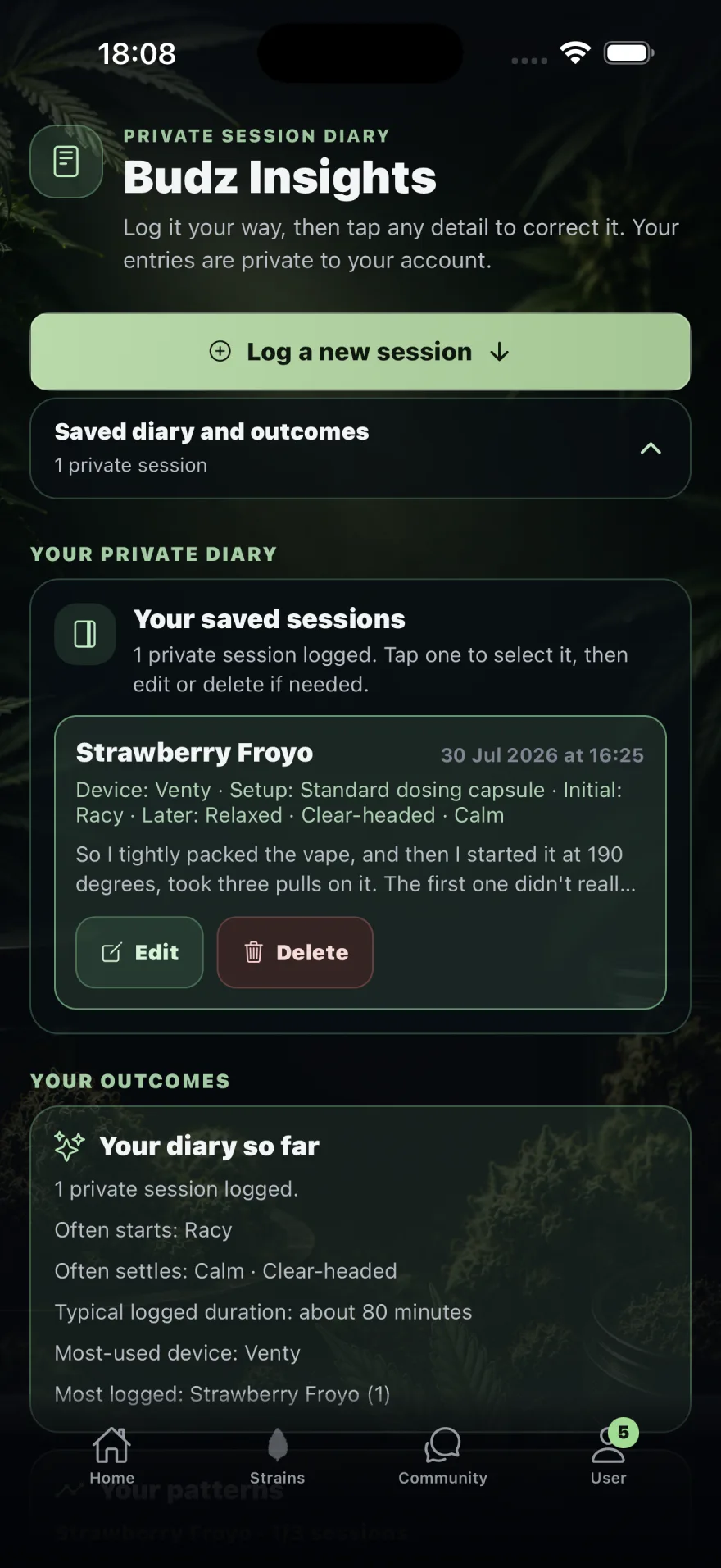 Review Budz private session diary and personal insights screen