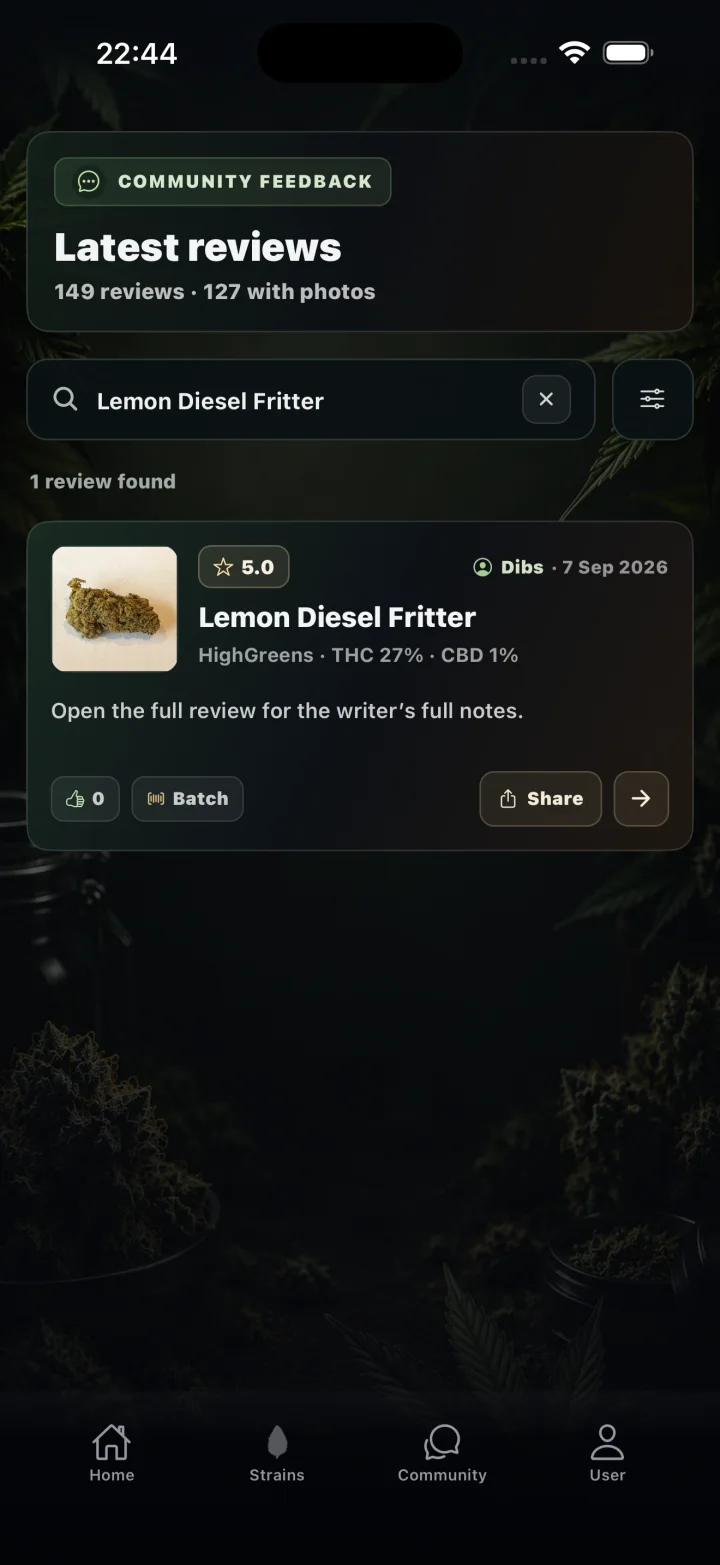 Review Budz on a phone showing Dibs' Lemon Diesel Fritter review